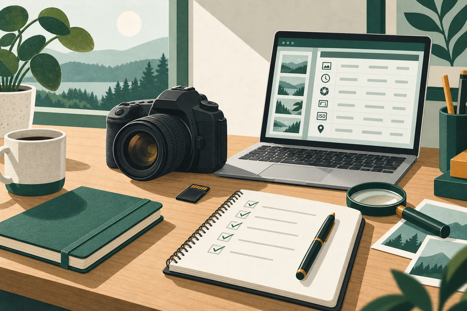 Illustration of a camera, memory card, notebook and laptop arranged for a careful metadata check.
