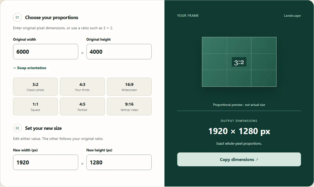 Screenshot of the aspect ratio calculator with a 3:2 frame and a 1920 by 1280 pixel result.