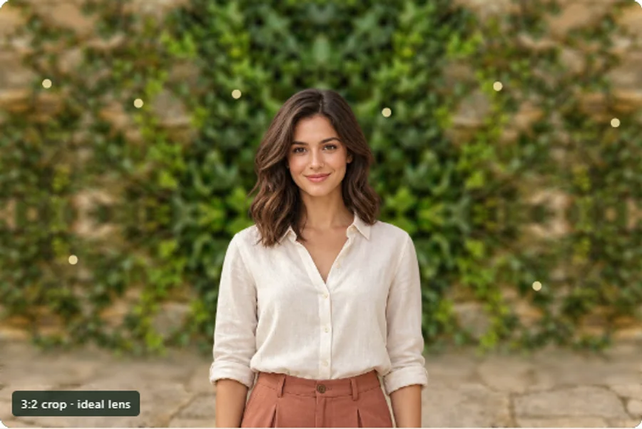 Bokeh simulator screenshot at f/1.8: a portrait with a softly blurred garden background.
