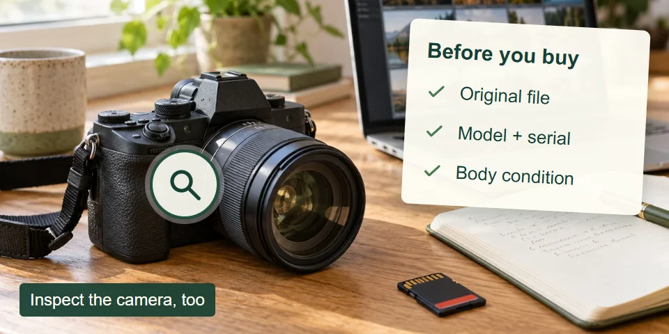 A camera under a magnifier beside an illustrative checklist for the original file, model and serial, and physical condition.