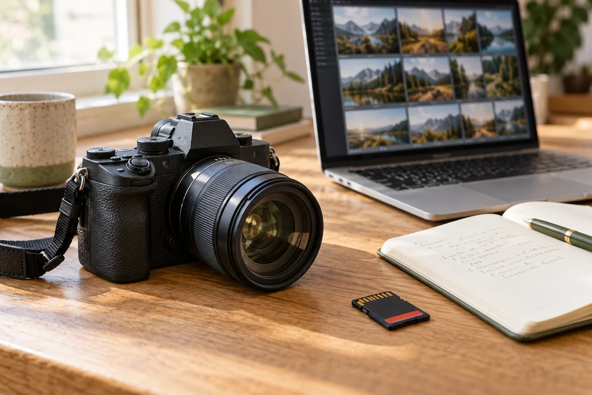 A camera, inspection notebook and laptop on a warmly lit desk