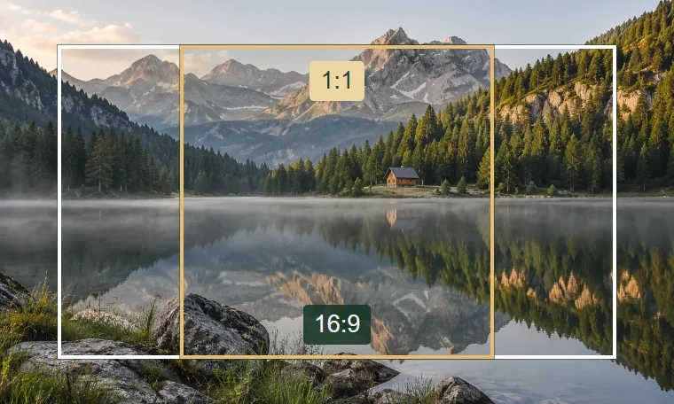 A mountain lake photograph with wide 16:9 and square 1:1 framing guides.