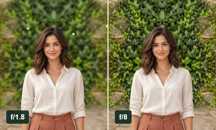 A garden portrait with a softly blurred background at f/1.8 beside a more detailed background at f/8.