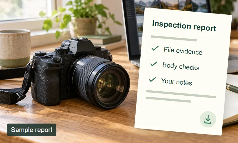A camera beside a sample downloadable report combining file evidence, body checks and notes.