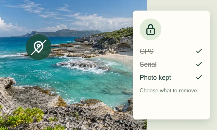 A photo is kept while selected GPS and camera serial metadata are crossed out.