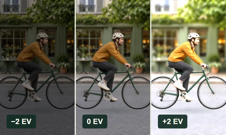 The same cyclist scene shown dark, balanced and bright at minus two, zero and plus two exposure stops.