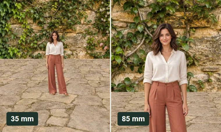 A wider portrait at 35 mm and tighter framing at 85 mm from the same camera position.
