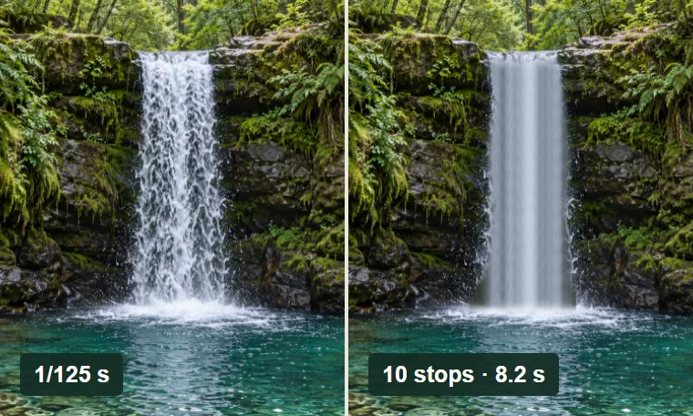 A waterfall at 1/125 second beside smooth water at 8.2 seconds with a 10-stop ND filter.