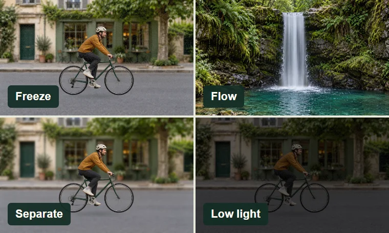 Four photographic exercises: freeze a cyclist, smooth water, blur a background and work in low light.