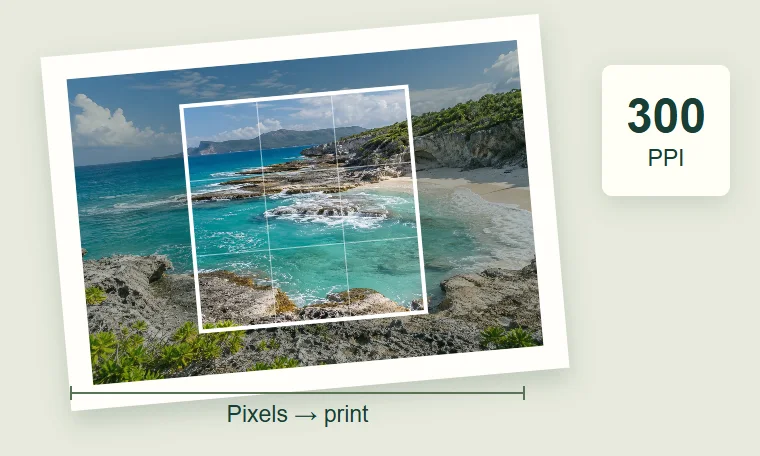 A coastal photograph in a print mat with a square crop guide and a 300 PPI badge.