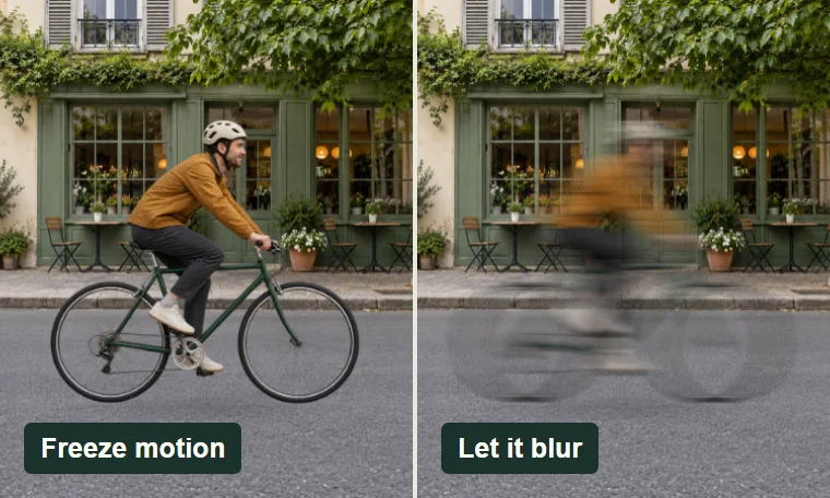 A cyclist frozen in a sharp photograph beside the same scene with a motion-blurred cyclist.