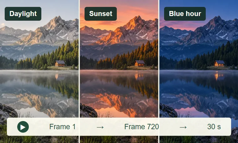 A mountain lake changes from daylight through sunset to blue hour along a video timeline.