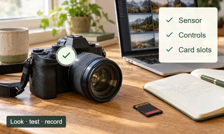 A camera with an illustrated checklist for its sensor, controls and card slots.
