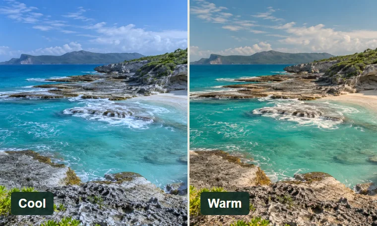 The same coast with cool blue and warm golden white balance.