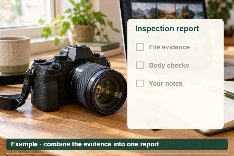 A camera, memory card and notebook prepared for checking embedded camera data and recording physical condition.