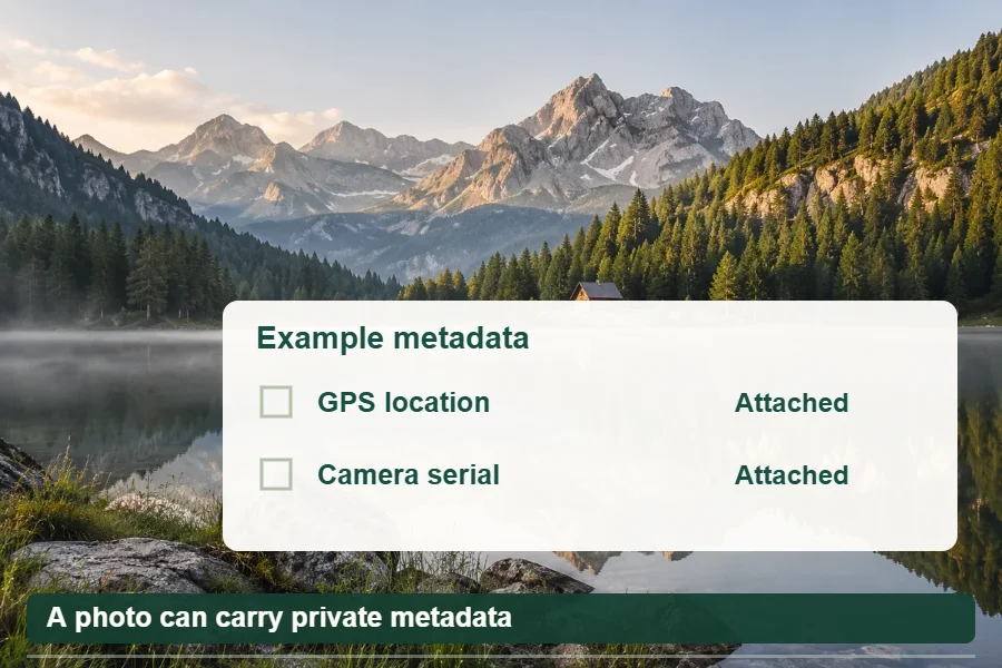 A peaceful alpine lake photograph with an example showing GPS location and a camera serial number removed from metadata.