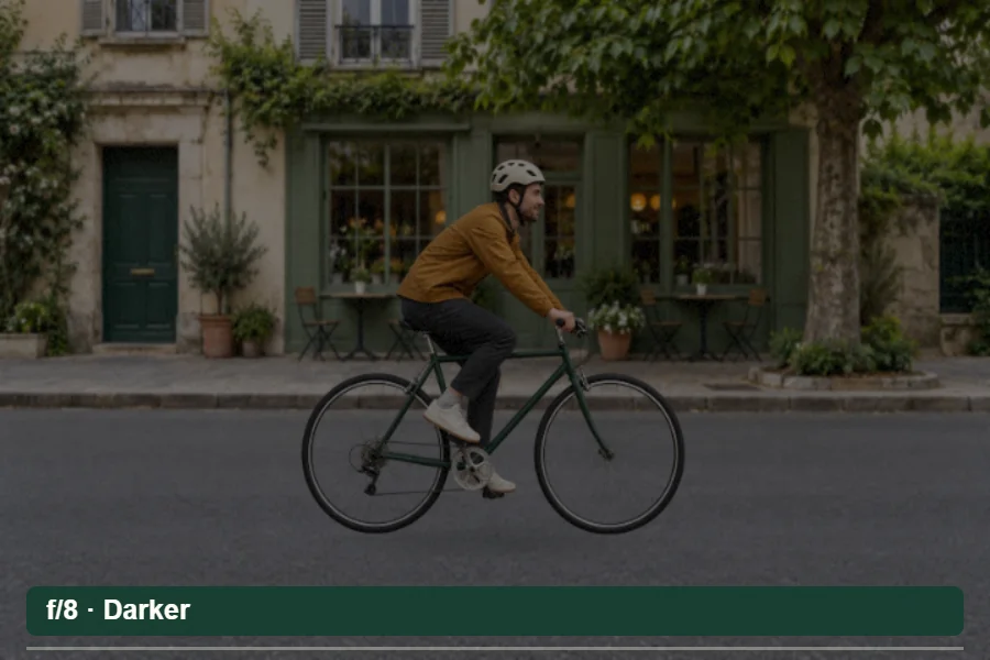 A cyclist scene changes from a dark exposure at f/8 through f/4 to a brighter exposure at f/2.