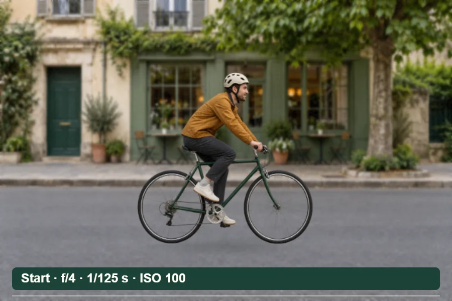 A cyclist challenge changes shutter speed and ISO, first darkening the image and then restoring brightness with motion frozen.