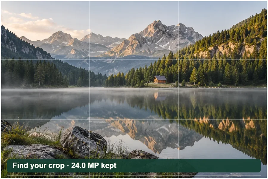 An alpine lake photograph with a square crop boundary framing a lakeside cabin and mountain reflections.